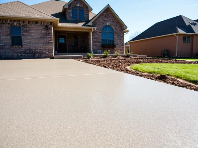 Illustrative concrete driveway leading to a brick home and front porch.