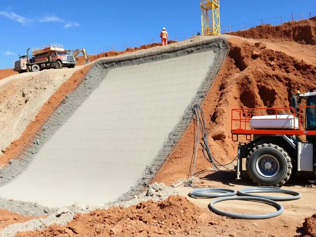 A wide concrete-faced channel cut into red earth with equipment above it.